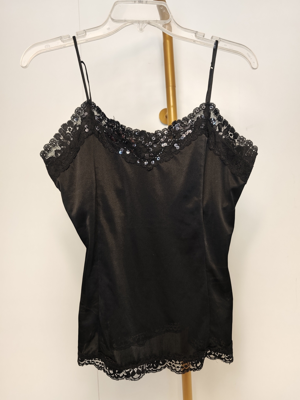 Y2K Vintage Black Sequin Lace Trim Satin Chemise Cami with Built-in Bra Medium